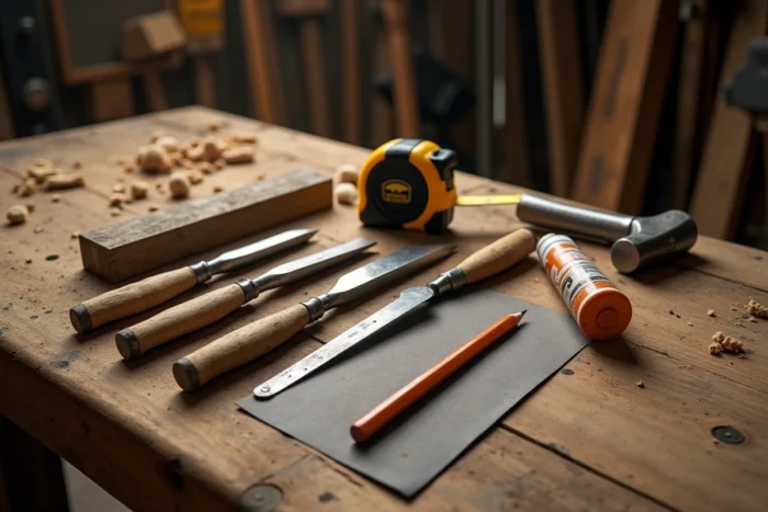 Gros plan sur des outils de bricolage essentiels posés sur un établi en bois dans un atelier artisanal