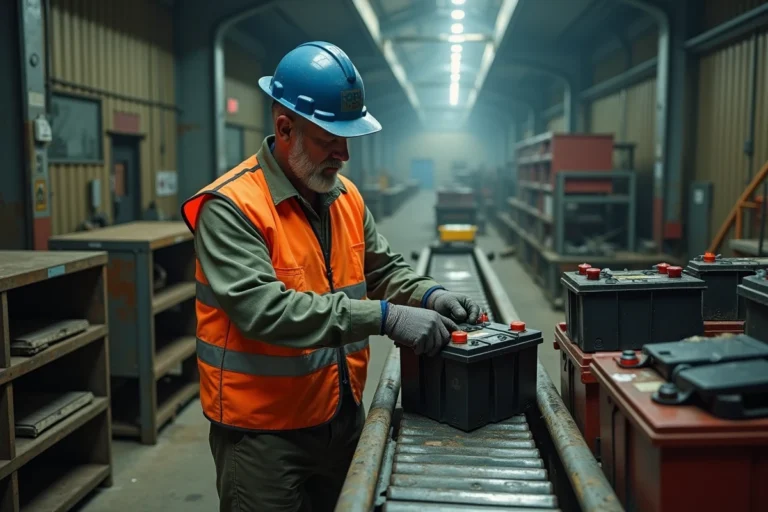 Ouvrier triant des batteries usagées dans un centre de recyclage Derichebourg selon les nouvelles normes 2026