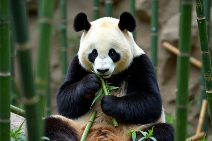 Panda géant assis dans une bambouseraie, mangeant des tiges de bambou avec ses pattes avant