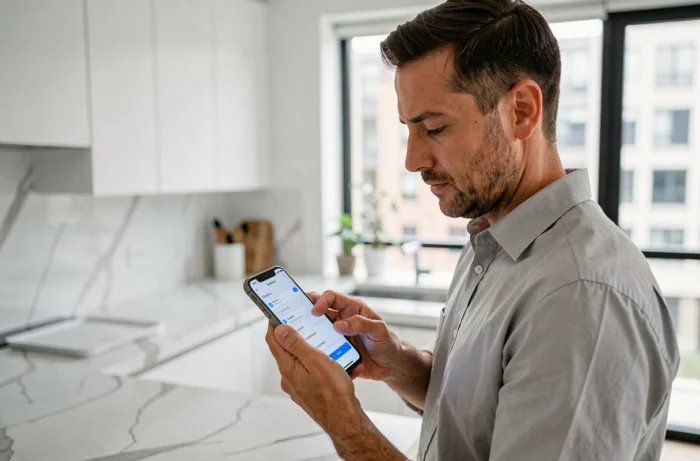 Homme paramétrant sa messagerie académique de Montpellier sur smartphone dans une cuisine moderne