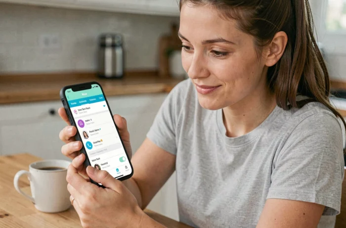 Femme configurant les paramètres de voix sur Waze pour sélectionner Dark Vador dans un environnement domestique