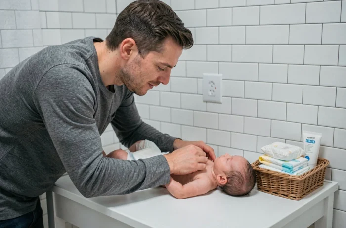 Père changeant la couche de son nouveau-né sur une table à langer blanche dans un appartement, moment du quotidien des jeunes parents