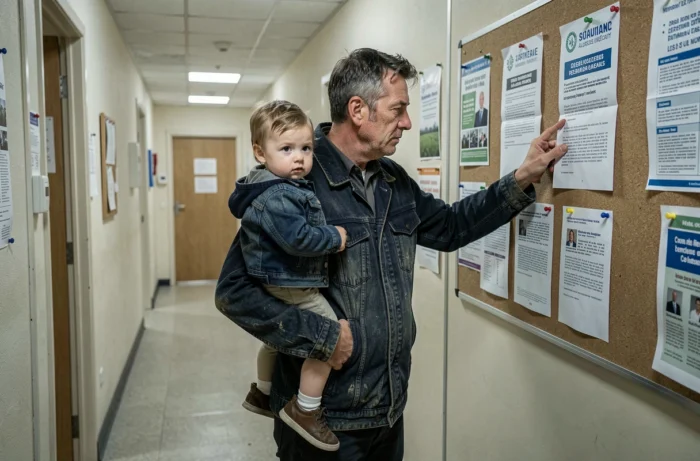 Père avec enfant en bas âge lisant une affiche sur le droit au logement opposable dans un couloir administratif