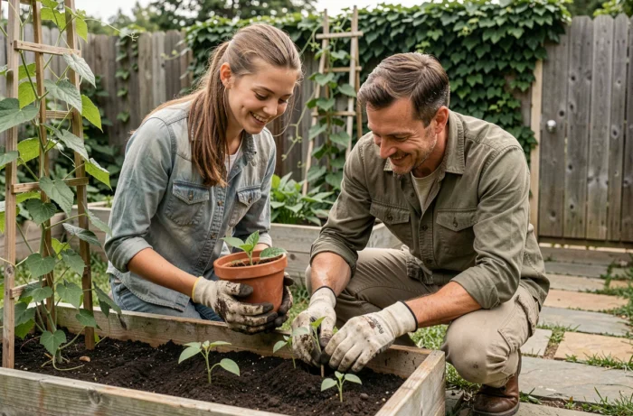 Père et fille adolescente jardinent ensemble dans un potager familial en plein air