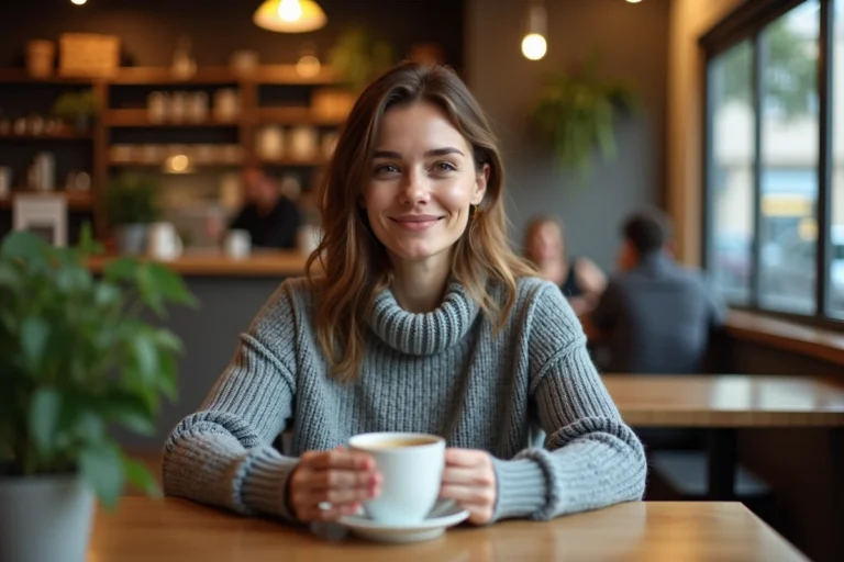 Femme au comportement changeant assise seule dans un café, expression ambivalente entre sourire et regard distant