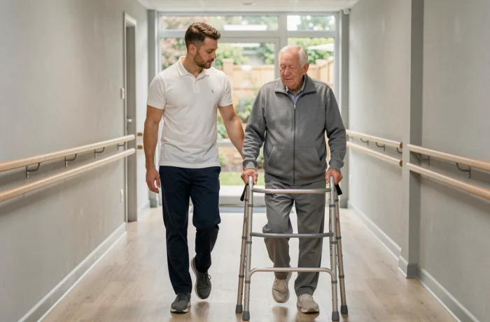 Physiothérapeute accompagnant un senior lors d'exercices de marche dans un couloir de centre de soins, services de rééducation pour personnes âgées