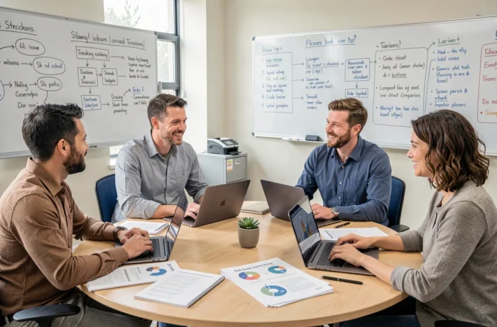 Un groupe d'employés participant à un atelier de formation digitale organisé par rôle avec des supports pédagogiques spécifiques