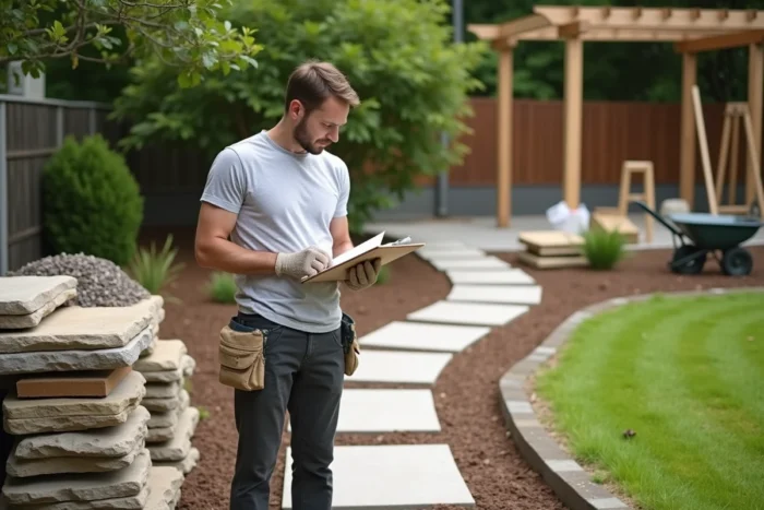 Homme planifiant l'aménagement paysager de son jardin avec un plan et des matériaux de construction