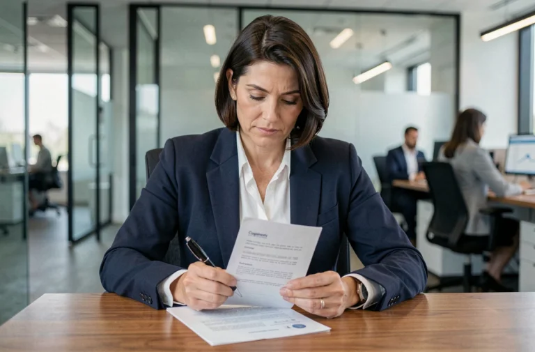 Femme cadre en entreprise consultant une politique de déclaration des cadeaux à son bureau