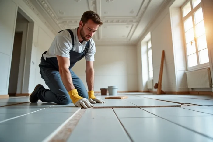 Artisan carreleur posant un carrelage gris dans un salon rénové à Lyon