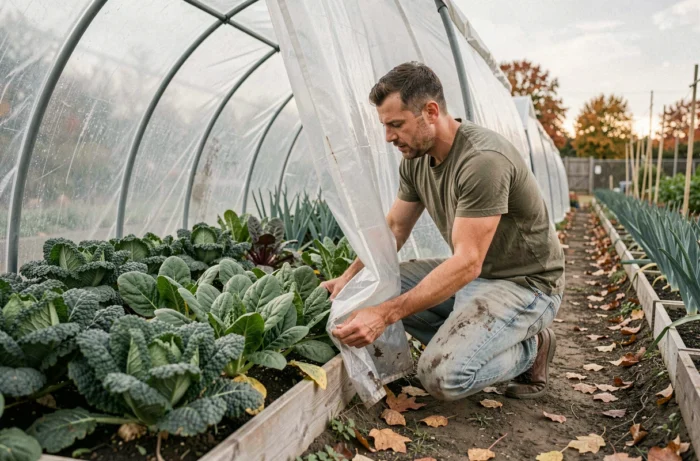 Homme vérifiant ses cultures sous tunnel dans un potager bio en automne pour une récolte hivernale