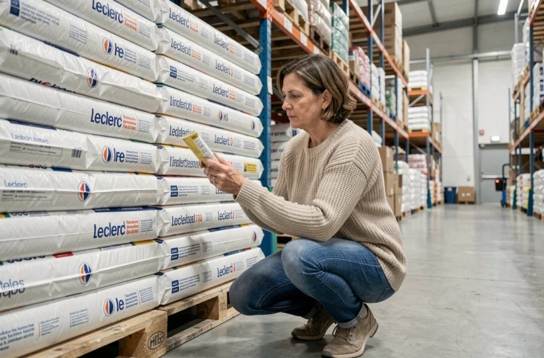 Femme examinant le prix des sacs de pellets en rayon dans un hypermarché Leclerc en 2026