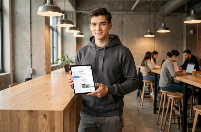 Jeune professionnel consultant sa messagerie IA85 sur tablette dans un espace de coworking moderne