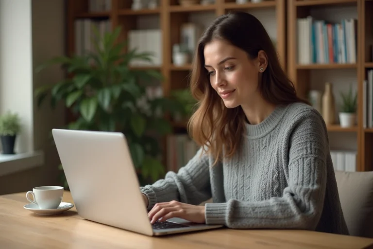 Mère cherchant une nounou fiable sur un site internet depuis son bureau à domicile