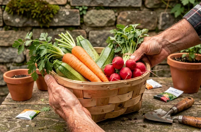 Panier de récolte rempli de légumes bio frais du potager posé sur une table de jardin rustique