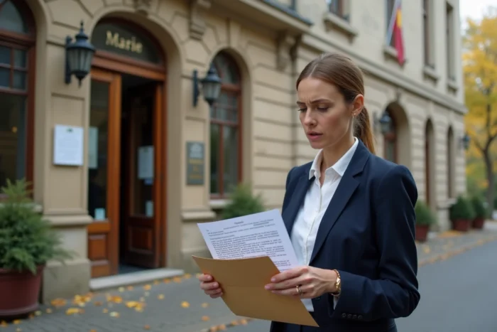 Femme tenant un refus de permis de construire devant une mairie française en automne