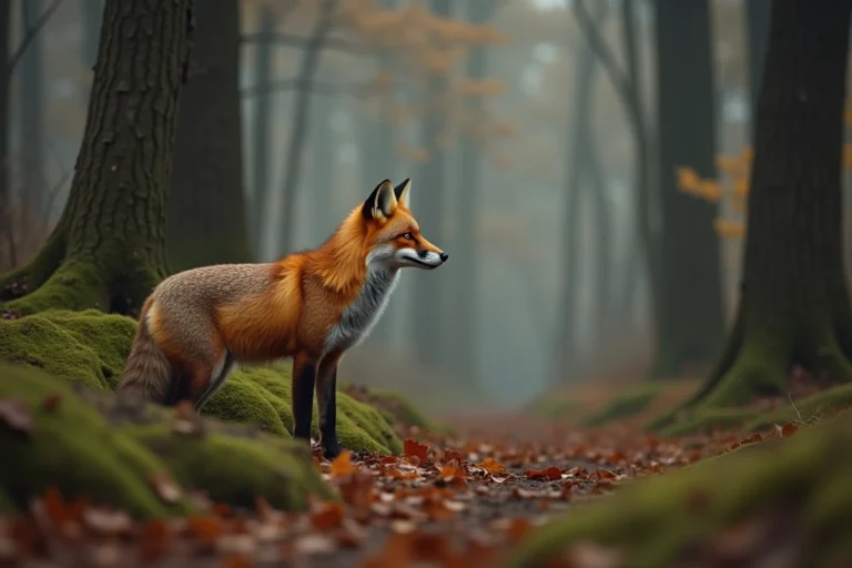 Renard roux sauvage en alerte à la lisière d'une forêt automnale, pelage détaillé et regard vif