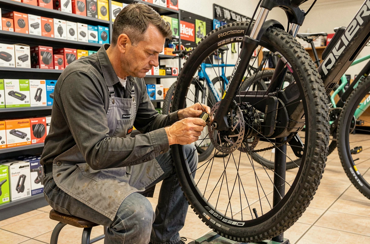 Technicien vélo remplaçant les plaquettes de frein d'un Rockrider E-ST 100 dans un atelier professionnel