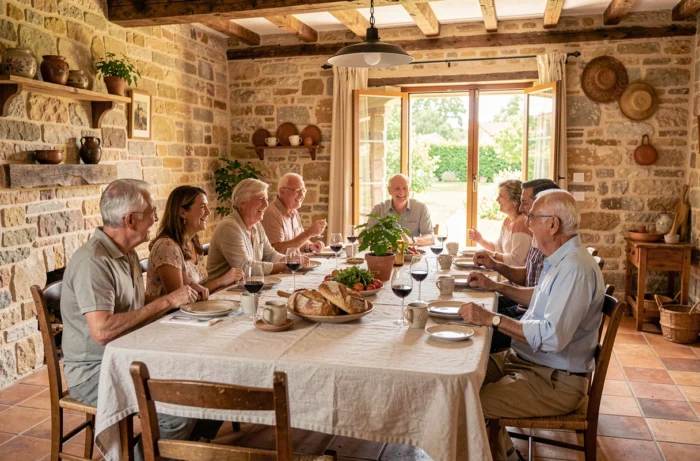 Repas de famille multigénérationnel dans une maison de campagne provençale, illustrant la vie familiale privée et les retrouvailles d'une personnalité publique française