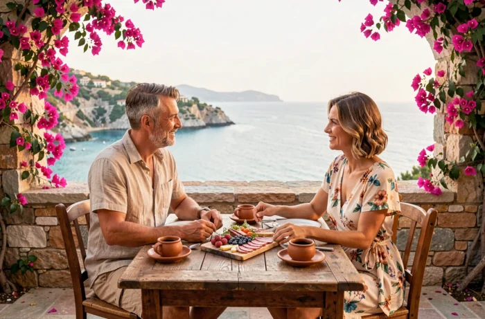 Couple profitant d'un repas en terrasse dans un hôtel tout compris en Corse avec vue sur la mer
