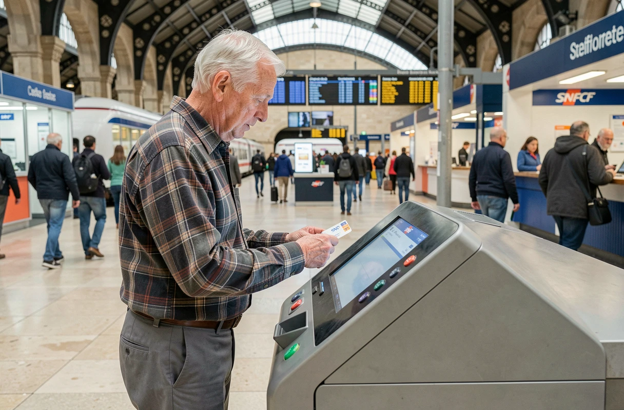 Retraité SNCF utilisant une borne libre-service pour valider sa facilité de circulation en gare