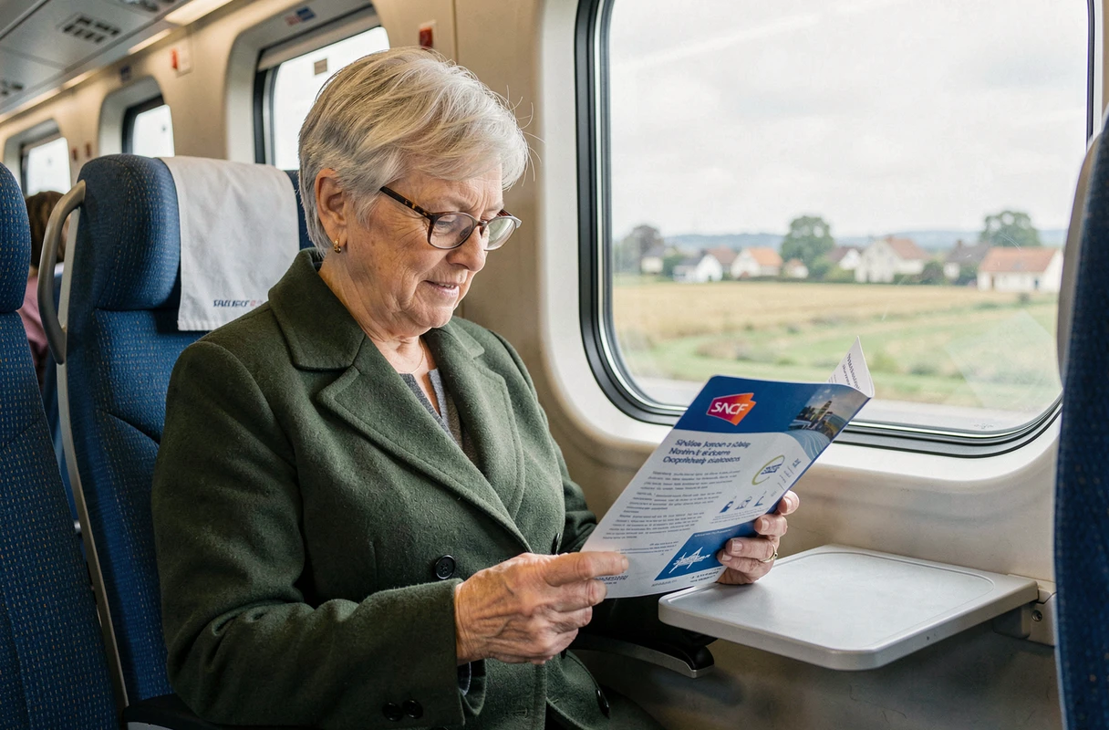 Retraitée lisant un document SNCF sur les facilités de circulation à bord d'un train intercités