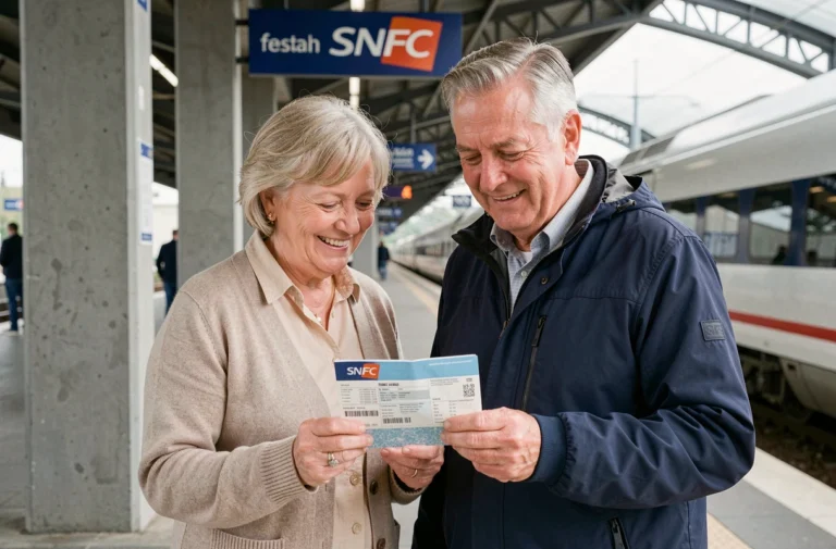 Couple de retraités tenant un billet SNCF sur un quai de gare française avec un TGV en arrière-plan