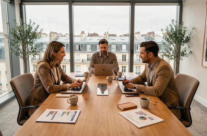 Équipe de professionnels français en réunion stratégique autour d'une table de conférence avec des rapports financiers et laptops
