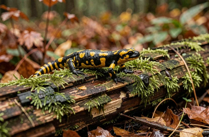 Salamandre tachetée noire et jaune sur un tronc moussu en forêt avec une crotte visible à proximité
