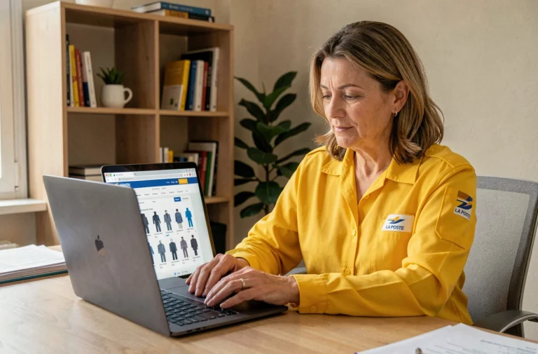 Salariée La Poste en uniforme jaune commandant sa tenue en ligne sur un ordinateur portable depuis son bureau à domicile