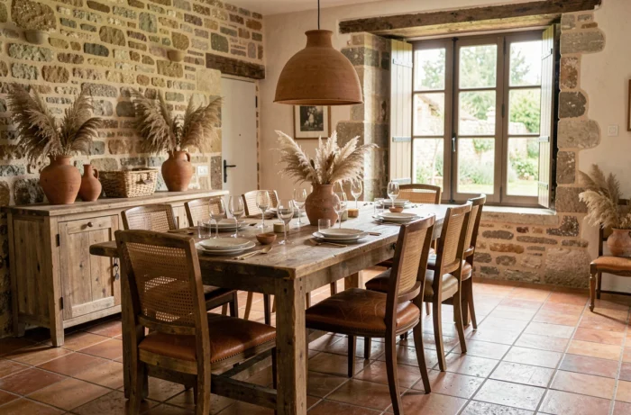 Salle à manger rustique française avec table en chêne, chaises vintage en cuir et décoration en terre cuite