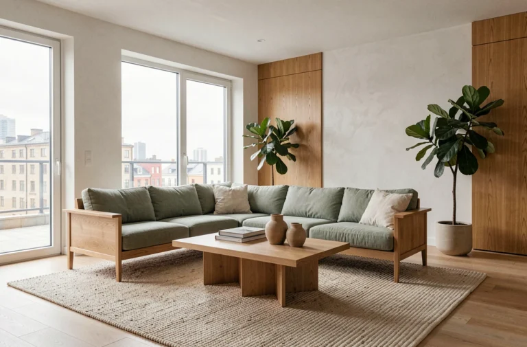 Salon scandinave moderne avec canapé en chêne, tapis en laine et décoration minimaliste en tons neutres