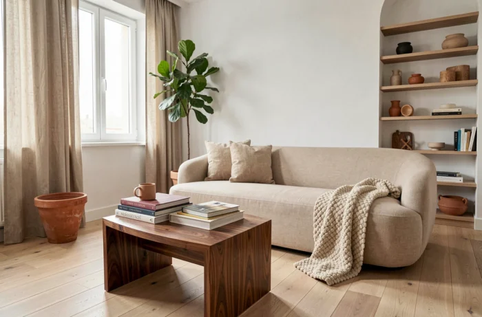 Salon scandinave cosy avec canapé en lin beige, table basse en noyer et plante d'intérieur pour une maison de rêve