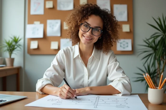 Jeune femme dessinant un schéma expliquant les lignes horizontales et verticales à son bureau à domicile