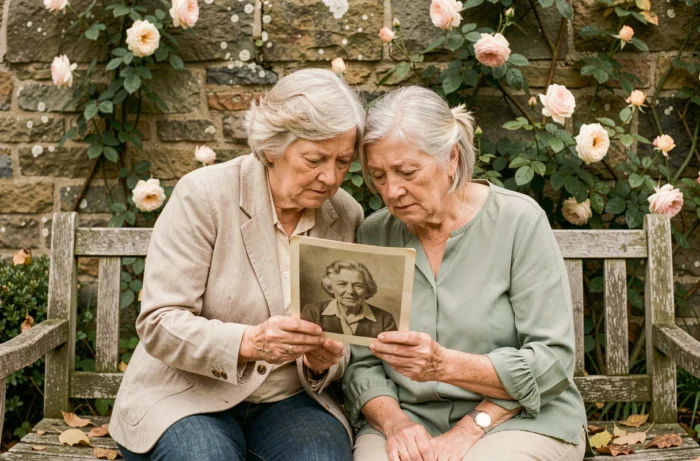 Deux sœurs âgées assises dans un jardin d'automne, regardant ensemble une vieille photo de leur mère avec émotion