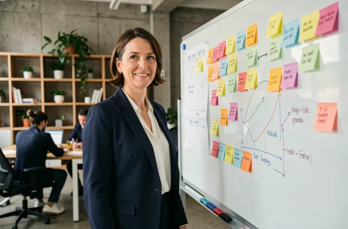Femme d'affaires française devant un tableau de stratégie de croissance dans un espace de coworking moderne à Paris