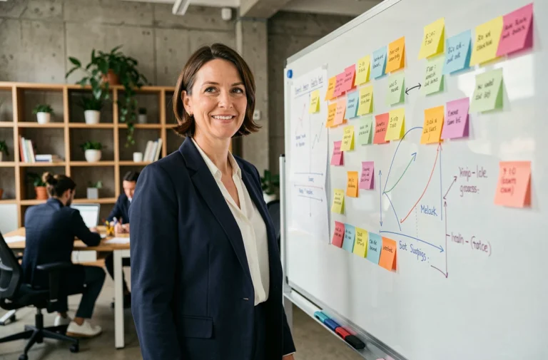 Femme d'affaires française devant un tableau de stratégie de croissance dans un espace de coworking moderne à Paris