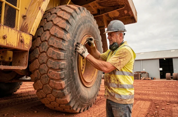 Technicien effectuant la maintenance d'un camion minier géant sur un site minier australien