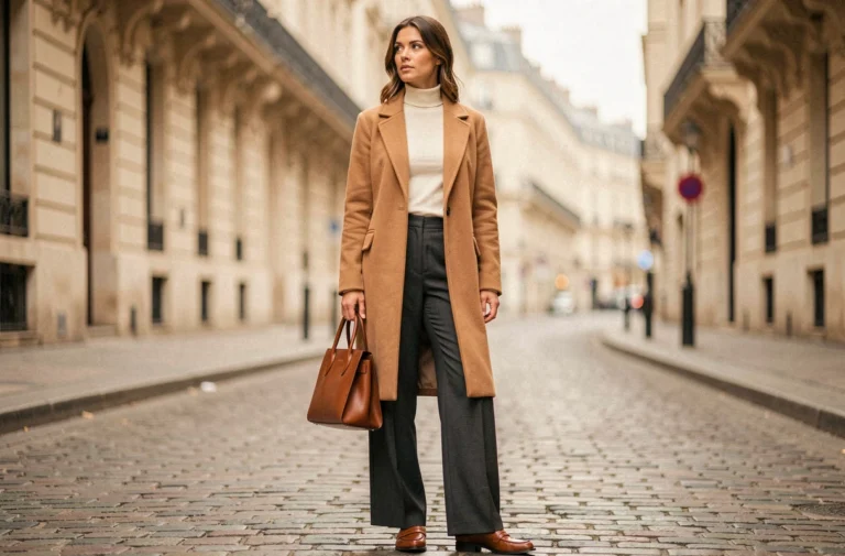Femme élégante en manteau camel et pantalon large dans une rue pavée parisienne, tendances mode automne-hiver