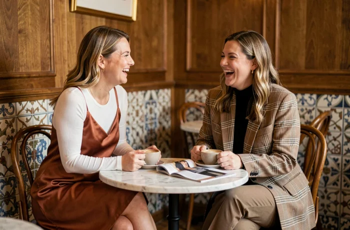 Deux femmes élégamment vêtues aux tendances mode de saison discutant dans un café parisien au décor vintage