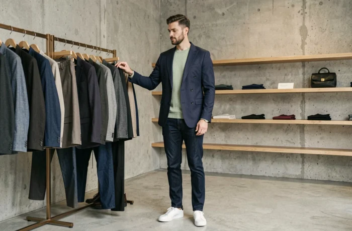 Homme stylé en blazer marine et jean indigo dans un concept store minimaliste, tendances mode masculine élégante