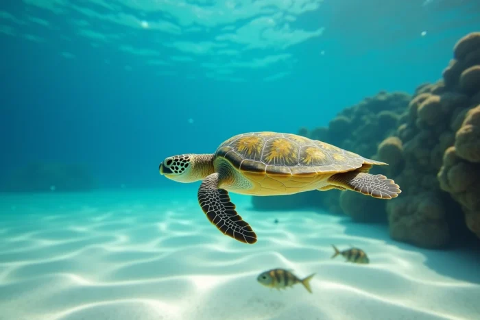 Jeune tortue de mer verte nageant au-dessus d'un récif corallien peu profond aux eaux translucides