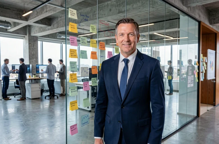 Un dirigeant d'entreprise devant un mur de planification illustrant la transformation digitale globale d'une organisation