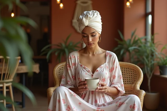 Jeune femme portant un turban jersey ivoire et rose pâle assise dans un café bohème, accessoire tendance pour coiffure