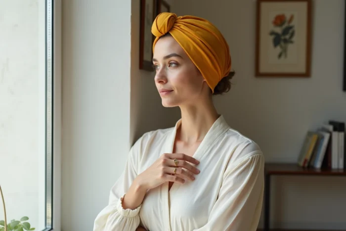 Femme élégante portant un turban en soie jaune moutarde dans un appartement parisien lumineux, look stylé et tendance
