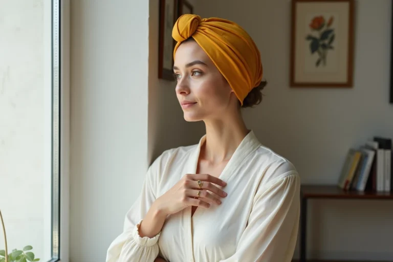 Femme élégante portant un turban en soie jaune moutarde dans un appartement parisien lumineux, look stylé et tendance