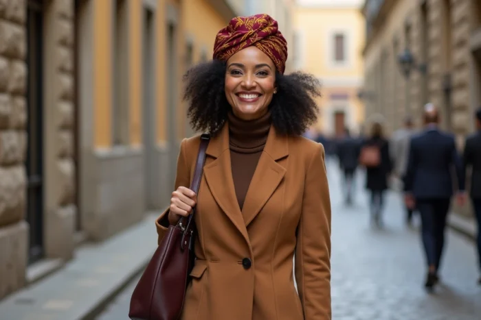 Femme en turban wax bordeaux et terracotta marchant dans une rue pavée européenne en automne, style afro-tendance