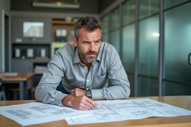 Urbaniste en bureau municipal consultant un certificat d'urbanisme positif avec des plans architecturaux sur son bureau
