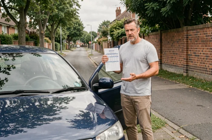 Particulier présentant un véhicule d'occasion avec son carnet d'entretien lors d'une vente entre particuliers