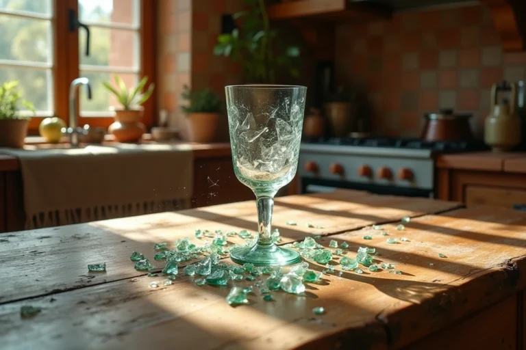 Verre blanc cassé en éclats sur une table en bois rustique, symbole de porte-bonheur dans les traditions méditerranéennes